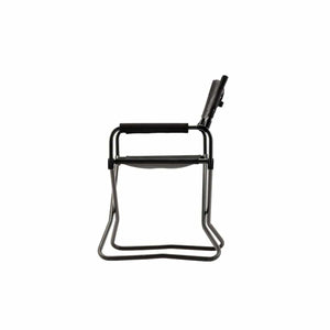Side view of a black folding camping chair with mesh seat and backrest