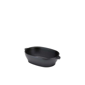 Black oval cast iron roasting pan with side handles