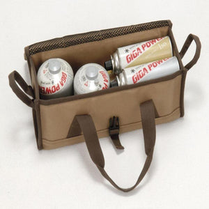Snow Peak brown canvas storage bag containing four Giga Power fuel canisters