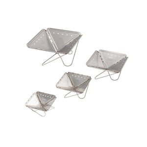 Four Snow Peak stainless steel folding fire pits in varying sizes