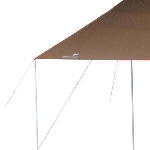 Brown Snow Peak tarp canopy with metal support poles and guy lines