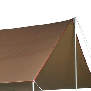 Snow Peak brown camping tarp with red trim supported by metal poles
