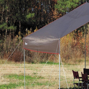 Snow Peak brown tarp wall extension set up outdoors