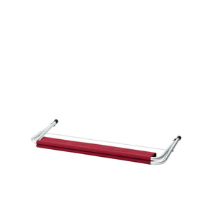 Red fabric and silver metal folding camping stool frame