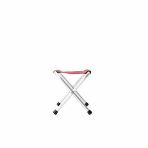 Small folding stool with red fabric seat and silver metal frame