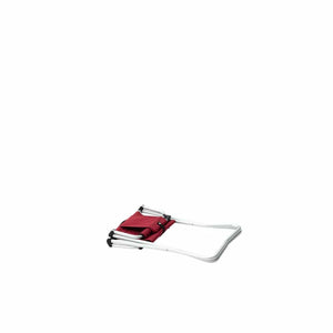 Folded red camping stool with silver metal frame