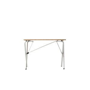 Folding table with a wooden top and white metal legs