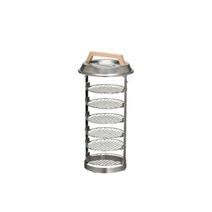 Vertical stainless steel grill rack with six circular mesh shelves and a wooden handle