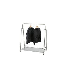 Snow Peak metal garment rack with two black jackets hanging on wooden hangers