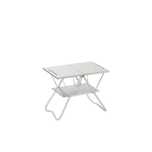Snow Peak stainless steel folding camping table with lower shelf