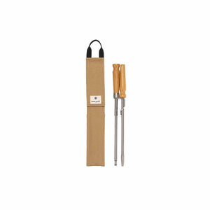 Snow Peak folding metal skewers with wooden handles and tan storage case