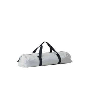 Light grey cylindrical storage bag with black carry straps