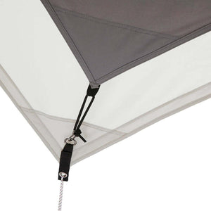 Snow Peak tent corner detail showing fabric attachment point and guy line
