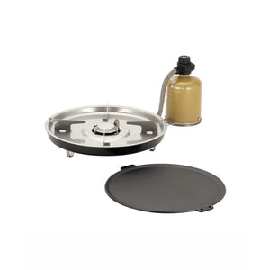 Snow Peak camping stove with attached fuel canister and separate flat circular griddle plate