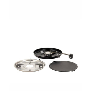 Disassembled portable camping stove with burner base, stainless steel heat shield, and flat griddle plate