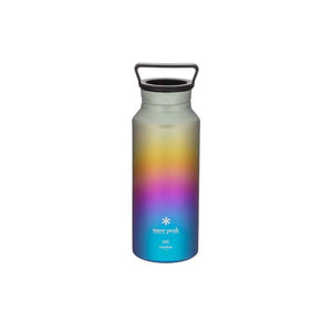 Snow Peak 800 titanium water bottle with a gradient rainbow finish and black handle cap