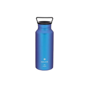Blue Snow Peak titanium water bottle with black handle