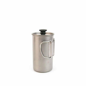Snow Peak titanium coffee press with folding handle and black lid knob