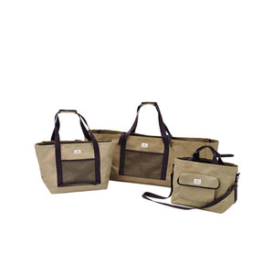 Three beige Snow Peak tote bags with dark brown straps and mesh pockets
