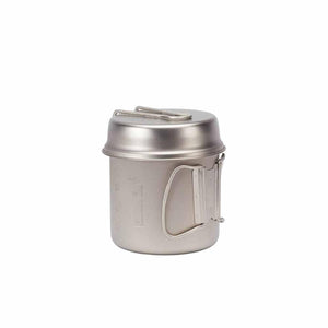 Snow Peak titanium camping pot with lid and folding handles