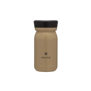 Tan Snow Peak insulated bottle with a black screw cap