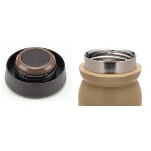 Tan insulated bottle with stainless steel rim and black screw cap