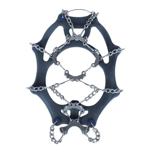 Snowline traction cleats with metal chains and spikes on a black rubber frame