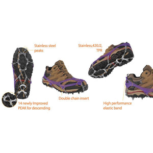 Snowline traction cleats showing stainless steel peaks, double chain inserts, and elastic bands on hiking boots