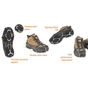 Snowline traction cleats featuring stainless steel peaks and elastic bands on hiking boots
