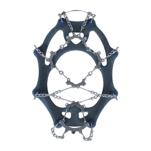 Snowline traction cleats with metal chains and spikes on a grey rubber frame