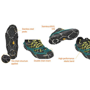 Snowline traction cleats showing stainless steel peaks, tire chain structure, double chain inserts, and elastic bands