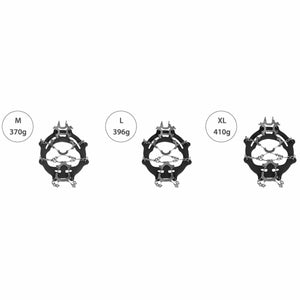 Snowline traction cleats in sizes M L and XL with corresponding weights