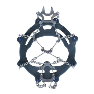 Snowline traction cleats with metal spikes and chains on a black rubber frame