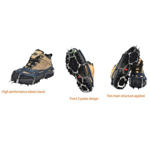 Snowline traction cleats showing elastic band, front spikes, and chain structure on hiking boots