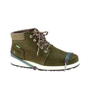 Snowline traction spikes attached to an olive green suede boot
