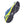 Snowline traction spikes attached to the sole of a blue and yellow trail running shoe