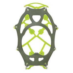 Snowline Hexa Spikes traction device with olive and lime green rubber frame and metal spikes