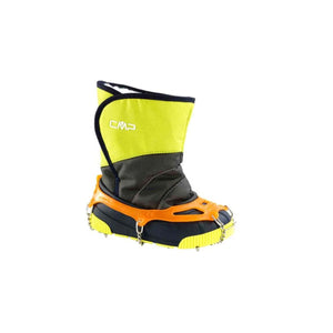 CMP yellow and grey winter boot with orange ice traction cleats attached