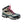 Hiking boot with blue rubber traction spikes and metal chains attached to the sole