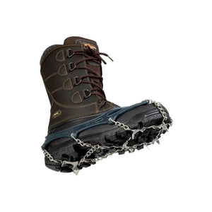 Meindl winter boot with metal ice traction spikes attached to the sole