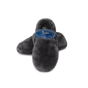 Dark grey SnugToes plush slippers with removable microwaveable heat pad