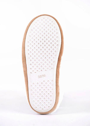 White slipper sole with brown trim and anti slip rubber dots
