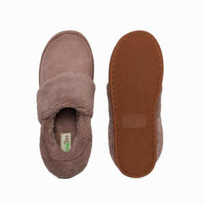 Pair of brown SnugToes slippers showing top view and rubber sole