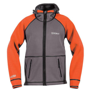 Stormr grey and orange hooded jacket with front zipper and pockets