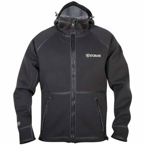 Stormr black hooded jacket with front zipper and pockets