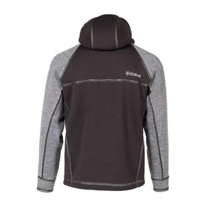 Back view of a black and grey Stormr hooded jacket with raglan sleeves