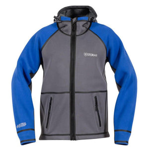 Stormr grey and blue hooded neoprene jacket with front zipper and pockets