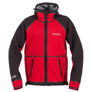 Stormr red and black neoprene hooded jacket with front zipper and pockets