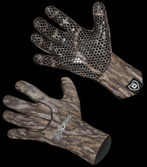 Stormr camouflage gloves with black hexagonal grip pattern on palms