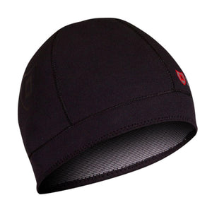Black neoprene swim cap with a red shield logo on the side